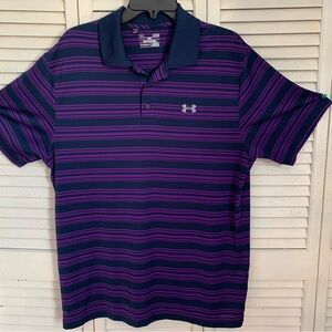 Under Armour LG Men's Blue and Purple Striped Polo Shirt Heat Gear Loose Fit